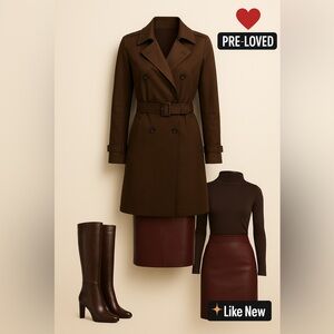 Brown Double-Breasted Trench Coat and Skirt Set